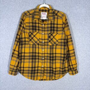 Mossimo Flannel‎ Shirt Womens Medium Yellow Navy Plaid Boyfriend Fit GORP Skater